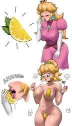 1girls big_breasts bikini blonde_hair busty c-string child_bearing_hips cleavage cropped echosaber embarrassed embarrassed_naked_female embarrassed_nude_female enf fat_breasts female flat_belly large_breasts lemon licking mario_(series) naked navel nintendo nipple_pasties nude ponytail princess princess_peach surprised thour_(meme) transformation