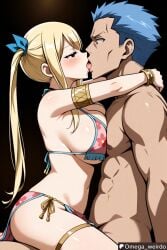 1girl1boy ai_generated big_breasts blonde_female blonde_hair blush breast_press brown_hair cling dancer_outfit embrace embracing embracing_another fairy_tail female half-closed_eyes huge_breasts kissing kissing_while_penetrated long_hair lucy_heartfilia naked naked_male omega_weirdo passionate_kiss patreon ribbon_in_hair sex slavegirl straddling tongue_kiss twintails