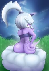 big_ass cloud darkafterdark dazzi_(pal) hidden_eyes horn looking_back pal_(species) palworld pocketpair purple_body shortstack smug spanking sweat taunting text white_hair