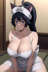 1girls ai_generated ass ass_focus big_breasts black_hair blue_eyes breasts cat_ears cat_tail catgirl female female_focus female_only glasses huge_ass huge_breasts large_breasts long_hair mature_female milf naked_apron thighs