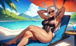 1girls :d abs ai_generated aimoonshine animal_ears armpits arms_behind_head arms_up bangs barefoot beach beach_chair beach_umbrella biceps black_one-piece_swimsuit boku_no_hero_academia breasts cloud covered_navel crossed_legs cup dark-skinned_female dark_skin day drink female female_only highleg highleg_swimsuit large_breasts long_eyelashes long_hair looking_at_viewer miruko mountain muscular muscular_female my_hero_academia ocean one-piece_swimsuit open_mouth outdoors parted_bangs pool rabbit_ears rabbit_girl rabbit_tail red_eyes rumi_usagiyama shiny shiny_clothes shiny_skin sideboob sitting sky smile solo sunglasses swimsuit tail teeth thick_thighs thighs toes toned tongue tree turtleneck umbrella upper_teeth_only water wet white_hair