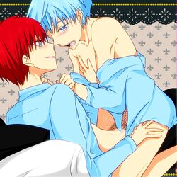 2boys akashi_seijuurou anal blue_eyes blue_hair blush bottomless cum cum_in_ass cum_on_body cum_on_self gay kuroko_no_basuke kuroko_tetsuya male matching_hair_and_eyes multiple_boys pants_open red_eyes red_hair saliva tear yaoi