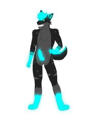 absurd_res alpha_channel anthro canid canine canis earthwormgd genitals glowing glowing_body_parts glowing_ears glowing_feet glowing_genitalia glowing_hair glowing_hands glowing_penis glowing_tail green_eyes grey_body hand_on_hip hi_res knot levi_(earthwormgd) male mammal penis simple_background smile solo stripes stripes_(marking) transparent_background wolf