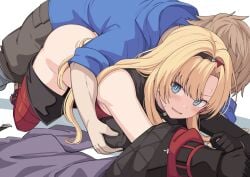 1boy 1girls ass bed blonde_hair blue_eyes blush boots breast_grab brown_hair female gloves gran_(granblue_fantasy) granblue_fantasy groping groping_breasts hoodie implied_sex light-skinned_female light-skinned_male light_skin long_hair male nervous_smile pants_down shiseki_hirame short_hair simple_background smile sweat sweatdrop white_background zeta_(granblue_fantasy)