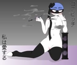 bow countryhumans countryhumans_girl covered_nipples estonia_(countryhumans) pipe pussy smoking thighhighs unamused vomitstone