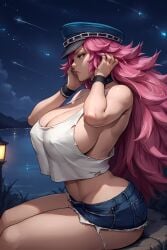 ai_generated ass bare_shoulders big_hair blue_eyes blue_shorts breasts choker cleavage clothing crop_top crop_top_overhang cutoffs denim denim_shorts female female female_only final_fight full_moon hat headwear huge_breasts jewelry large_breasts lips long_hair looking_at_viewer midriff moon navel night night_sky no_bra nose outdoors peaked_cap pink_hair poison_(final_fight) shirt short_shorts shorts sideboob sitting sitting_on_rock sky solo star_(sky) starry_sky street_fighter tank_top thick_thighs thighs torn_clothes very_long_hair wristband