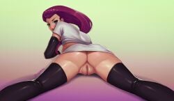ass ass_focus blue_eyes boots dorndraws elbow_gloves female female_focus female_only jessie_(pokemon) long_hair looking_at_viewer looking_back lying_on_stomach magenta_hair no_panties on_stomach pokemon pussy pussy_lips pussy_peek solo spread_legs team_rocket team_rocket_uniform thighhighs thighs