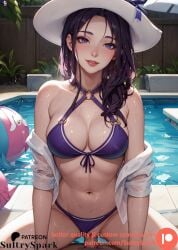 1boy 1girls ai_generated artist_name bikini caitlyn_kiramman commission cowgirl_position female female_on_top female_only league_of_legends looking_at_viewer male patreon patreon_username pool pool_party_caitlyn pool_party_series poolside purple_bikini purple_eyes purple_hair riot_games sex solo sultryspark vaginal_penetration vaginal_sex