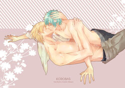 2boys bandage blonde_hair blue_hair closed_eyes cum frottage gay kise_ryouta kissing korobas kuroko_no_basuke kuroko_tetsuya male multiple_boys pants_open penises_touching sweat topless yaoi