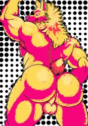anthro ass backsack balls big_butt bright_colors canid canine canis daddytwinkle genitals hairy halftone halftone_background hi_res male mammal nude pattern_background side_view simple_background smug smug_face solo thick_thighs wolf