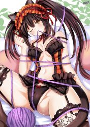 2d belly belly_button black_hair bondage breasts cat_ears cat_tail catgirl date_a_live heterochromia lewdkuma light-skinned_female lingerie long_hair red_eyes solo solo_female thighs tokisaki_kurumi twintails yarn yarn_ball