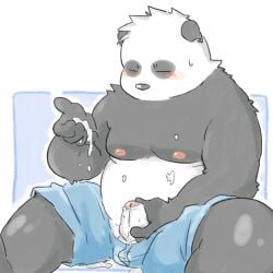 1:1 after_masturbation anthro bear blush blush_lines bodily_fluids closed_eyes clothing cum cum_on_belly cum_on_body cum_on_hand embarrassed foreskin fur genital_fluids genitals giant_panda male mammal masturbation nipples penis rampie simple_background slightly_chubby solo sweat sweatdrop underwear