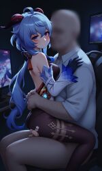 ai_generated blue_hair computer female ganyu_(genshin_impact) genshin_impact goat_horns hands_on_shoulders indoors male ripped_clothing room sex sitting sitting_on_lap straddling