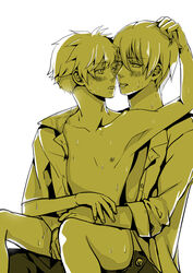 2boys anal blush bottomless gay hair_pull kise_ryouta kissing kuroko_no_basuke kuroko_tetsuya male multiple_boys nipples pants_open sweat yaoi