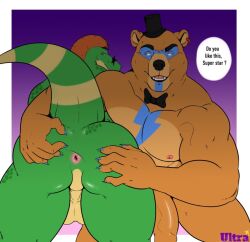 2022 alligator alligatorid animal_humanoid anthro anthro_focus anthro_on_anthro anus anus_focus anus_outline artist_name ass ass_up backsack balls barazoku barely_visible_balls barely_visible_genitalia barely_visible_penis bear biceps big_penis black_nose body_fur bodypaint bow_tie bright_pupils butt_focus butt_grab claws clothing crocodile crocodilian crocodylid digital_drawing_(artwork) digital_media_(artwork) duo duo_focus ear_piercing ear_ring english_text exposed_ass eyewear face_paint fangs finger_claws five_nights_at_freddy's five_nights_at_freddy's:_security_breach flaccid foreskin fur furry_male gay genitals glamrock_freddy_(fnaf) glasses green_body green_skin group hair hand_on_another's_butt hand_on_butt hat headgear headwear humanoid humanoid_genitalia humanoid_penis imminent_anal imminent_sex inviting_to_anal inviting_to_sex kneeling long_foreskin looking_at_viewer looking_back looking_back_at_viewer male male/male male_only mammal mammal_humanoid mohawk montgomery_gator_(fnaf) mr_ultra multicolored_body multicolored_skin muscular muscular_anthro muscular_arms muscular_ass muscular_male nipples nude nude_male ochre_fur open_mouth open_smile orange_body orange_fur orange_hair partially_clothed pecs penis perineum piercing presenting presenting_anus presenting_hindquarters purple_background red_eyes reptile reptile_humanoid ring_piercing scales scalie scalie_humanoid scottgames sharp_teeth simple_background skimpy smile smiley_face smiling_at_viewer speech_bubble star_glasses steel_wool_studios stretched_anus sunglasses talking_to_viewer teeth text thick_thighs top_hat tusks two_tone_body two_tone_skin two_tone_tail unretracted_foreskin ursid_humanoid vein veiny_penis