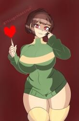 artist_name big_breasts brown_hair chara chara_(undertale) female_only focus heart looking_at_viewer red_eyes solo soul sweater tfa_(artist) thick_thighs thighhighs thighs undertale undertale_(series) wide_hips