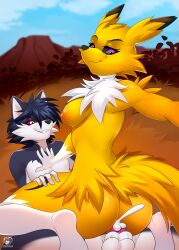 anthro areola bandai_namco blue_body blue_fur bodily_fluids breasts canid canid_demon canine crossover cum cum_in_ass cum_in_pussy cum_inside demon digimon digimon_(species) duo eeveelution ejaculation female female_on_top fur generation_1_pokemon genital_fluids hellhound hi_res jolteon looking_at_viewer looking_pleasured male male/female mammal medium_breasts moonfluffmf mythological_canine mythological_creature mythology nintendo nipples on_top orange_areola orange_nipples pokemon pokemon_(species) purple_eyes red_eyes renamon selfie smile white_body white_fur yellow_body yellow_fur