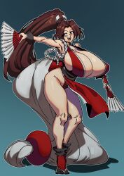 1girls bathsalts1 breasts fan fatal_fury female huge_breasts long_hair mai_shiranui massive_breasts skimpy skimpy_clothes skimpy_dress smile thighs