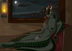 2024 absurd_res anthro argonian beach black_hair boat breasts cel_shading claws crate curvy_anthro curvy_female curvy_figure exposed_breasts eyebrow_piercing facial_piercing feathers female fire floor genitals green_body green_nipples green_scales green_skin grey_pussy hair hand_on_leg hand_on_thigh hi_res horn island jewelry lamp lantern light lights lizard long_hair looking_at_viewer lying moon moonlight navel night nipple_piercing nipples nude on_side piercing pubic_tattoo pussy red_blanket reptile scales scalie sethraven4 shaded shaya_(sethraven4) ship shoreline signature small_breasts smile solo tail teeth teeth_showing the_elder_scrolls vehicle watercraft wide_hips window wood wood_floor yellow_eyes