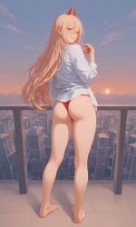 ai_generated ass back_view balcony barefoot city cityscape female from_behind horns looking_at_viewer looking_back panties power_(chainsaw_man) standing thong unbuttoned_shirt underwear white_shirt