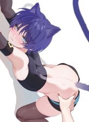 1boy animal_ears ass ass_grab ass_up blush blushing cat_ears cat_tail catboy chobonu clothing crop_top cute feline femboy genshin_impact hand_on_ass hand_on_butt scaramouche_(genshin_impact) small_waist solo solo_focus thick_thighs thighhighs thighs