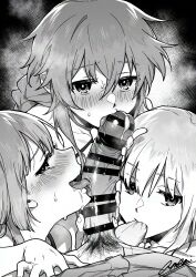 1boy 2d 3girls big_penis black_and_white blowjob blush cock_worship collaborative_fellatio cooperative_fellatio date_a_live foursome itsuka_shido izayoi_miku licking licking_penis light-skinned_female long_hair looking_at_viewer penis precum_drip pubic_hair short_hair testicle_sucking tobiichi_origami triple_fellatio yamai_yuzuru