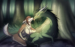 2girls anthro anthro_on_feral breasts canine dragon eye_contact female feral fisting forest horn interspecies kissing looking_at_another maim multiple_girls naked nude pussy size_difference yuri