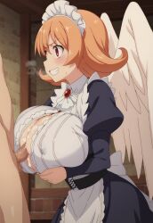 1futa 1girls ai_generated big_penis censored cum cum_on_breasts ejaculation ejaculation_between_breasts gigantic_breasts harpy harpy_humanoid huge_breasts ishuzoku_reviewers large_breasts light-skinned_female light_skin maid maid_uniform mak5555 meidri orange_hair paizuri paizuri_under_clothes penis red_eyes short_hair wings