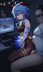 ai_generated blue_hair computer fat_male female ganyu_(genshin_impact) genshin_impact goat_horns indoors male penis ripped_clothing room sitting sitting_on_lap sitting_on_penis torn_clothes torn_clothing