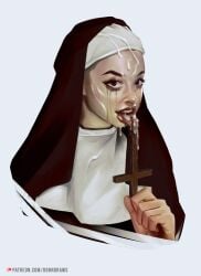 1girls christian_cross cum cum_in_mouth cum_on_face cumdrip dorndraws female female_focus female_only human human_only licking licking_cum light-skinned_female light_skin nun nun's_habit nun_outfit open_eyes running_makeup running_mascara runny_makeup runny_mascara upside_down_cross