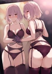 ass belly belly_button blush breasts date_a_live glowing_eyes light-skinned_female lingerie mirror pink_eyes pink_hair short_hair solo solo_female sonogami_rinne thighs