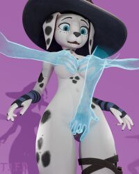 101_dalmatian_street 101_dalmatians 3d_(artwork) 4:5 absurd_res anthro anthrofied black_body black_fur blue_eyes breast_grab breasts canid canine canis clothing collar dalmatian digital_media_(artwork) disembodied_hand disney dolly_(101_dalmatians) domestic_dog female finger_fuck fingering fingerless_gloves fur gloves hand_on_breast handwear hat headgear headwear hi_res mammal mayosplash mostly_nude open_mouth simple_background solo vaginal_penetration white_body white_fur witch_hat