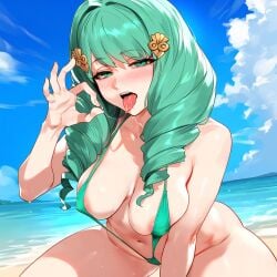 1girls ai_generated areolae beach bikini blowjob_gesture clouds day daytime drool fellatio_gesture female fire_emblem fire_emblem:_three_houses flayn_(fire_emblem) green_eyes green_hair green_sling_bikini intelligent_systems light-skinned light-skinned_female looking_at_viewer navel nintendo ocean open_mouth outdoors sky sling_bikini solo solo_female spiral_hair tharkica tongue tongue_out