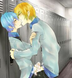 2boys blonde_hair blue_eyes blue_hair clothed cum cum_on_body cum_on_hand cum_on_self cum_on_upper_body frottage gay handjob kise_ryouta kuroko_no_basuke kuroko_tetsuya lockers male masturbation matching_hair_and_eyes multiple_boys school yaoi yellow_eyes