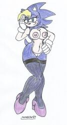 bernadette_hedgehog big_breasts big_hips blonde_hair_female blue_body blue_eyes blue_fur blue_hair chubby_belly looking_at_viewer marlon64 milf naked_female naked_gloves naked_heels naked_stockings smiling_at_viewer sonic_the_hedgehog_(archie) traditional_drawing_(artwork) white_background