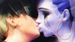 3d amelie_lacroix black_eyeshadow blue_hair brown_hair ear_piercing earrings eyebrow_piercing eyeshadow grainy hoop_earrings kissing lena_oxton lesbian mascara mascara_tears necklace overwatch overwatch_2 purple_skin short_hair spiky_hair tracer widowmaker yuri