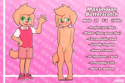 anthro blush bnbigus bottomwear character_sheet clothing embarrassed genitals gesture green_eyes hi_res male_only maximilian_butterscotch_(bnbigus) measurements model_sheet nude original original_character paws penis running_shoes shorts solo stats submissive submissive_male tail text uncensored waving