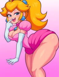 1girls ai_generated ass_focus bending_over bent_over big_breasts blonde_hair blue_eyes boob_window cleavage clothed clothing earrings eyelashes female female_only finger_on_lip gradient_background huge_ass huge_butt huge_thighs long_hair looking_at_viewer mario_(series) medium_breasts no_bra no_underwear open_mouth pink_background pink_dress ponytail princess_peach revealing_clothes simple_background smile smug smug_face solo solo_female solo_focus standing teasing teeth thick_thighs tiny_waist underass virtuai white_gloves white_sleeves