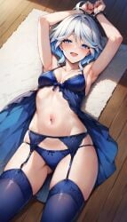 1girls :d ahoge ai_generated aimoonshine alternate_costume armpits arms_up ass_visible_through_thighs babydoll bare_arms bare_shoulders blue_bra blue_eyes blue_hair blue_panties blue_thighhighs blush bondage bound bound_wrists bra breasts collarbone cuffs female female_only furina_(genshin_impact) garter_belt garter_straps genshin_impact hair_between_eyes handcuffs heterochromia indoors light_blue_hair lingerie looking_at_viewer lying medium_breasts mihoyo multicolored_hair navel on_back open_mouth panties short_hair sidelocks skindentation small_breasts smile solo stockings stomach streaked_hair thighhighs thighs two-tone_hair underwear underwear_only white_hair wooden_floor