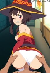 ai_generated ass ass_focus ass_grab bent_over blush breasts breasts_out clenched_teeth doggy_style embarrassed grabbing_ass hallway hand_on_butt hat huge_cock kono_subarashii_sekai_ni_shukufuku_wo! looking_at_viewer looking_back megumin nipples one_eye_closed panties penis penis_in_pussy pov pov_eye_contact sex skirt_lift skirt_up tits_out uncensored vaginal_penetration waifumakerart white_panties