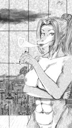 absurd_res anthro architecture big_breasts breasts building city detailed detailed_background detailed_scales dragon female fluxdivided genitals glistening glistening_eyes hair hi_res landscape long_hair manga_style mythological_creature mythological_scalie mythology nipples pussy scales scalie sky skyscraper solo