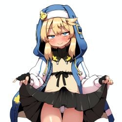 1boy absurdres ai_generated androgyne_symbol black_skirt blonde_hair blue_eyes blush bridget bright_mirage bulge clothes_lift erection erection_under_clothes femboy fingerless_gloves gloves guilty_gear guilty_gear_strive head_tilt highres jacket male_focus medium_hair open_clothes open_jacket otoko_no_ko panties penis pleated_skirt simple_background skirt skirt_lift smile sweat thighs trap underwear white_panties zipper