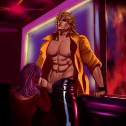 1boy 1girls dio_brando diosdoxy99 jojo's_bizarre_adventure looking_pleasured male_focus muscular_male nightclub nipple_piercing open_clothes oral penis stardust_crusaders straight