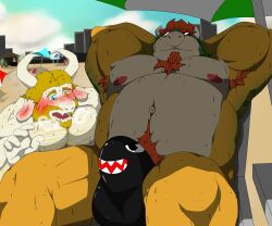 anthro areola armpit_hair asgore_dreemurr balls_outline beach biped blush bodily_fluids body_hair bovid bowser bulge caprine chest_hair detailed_bulge duo genital_outline goat hi_res jimmyfluffy koopa male male/male male_anthro male_only mammal mario_(series) muscular muscular_anthro muscular_male navel nintendo nipples outdoor outdoors outie_navel overweight overweight_male pubes scalie sweat undertale_(series)