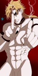 1boy artist_signature bara barely_visible_genitalia barely_visible_penis claws dio_brando joestar_birthmark jojo's_bizarre_adventure looking_at_viewer male male_only mista78381492 muscular_male nude_male pecs penis pose posing red_eyes solo stardust_crusaders vampire