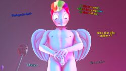 16:9 3d_(artwork) 4k absurd_res animal_genitalia animal_penis anthro anthrofied balls blue_body collar covering covering_crotch covering_penis dialogue digital_media_(artwork) electronics english_text equid equine equine_genitalia equine_penis friendship_is_magic genitals hair hasbro hi_res mammal microphone multicolored_hair my_little_pony mythological_creature mythological_equine mythology pegasus penis public public_nudity purple_eyes rainbow_dash_(mlp) rainbow_hair spiked_collar spikes text unie widescreen wings