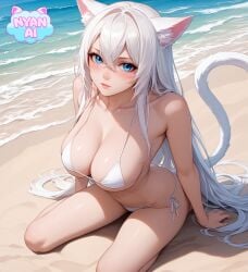 2d ai_assisted ai_generated ai_girl athletic beach belly belly_button big_breasts bikini bikini_bottom bikini_top blue_eyes bra breasts breasts breasts cat_girl catgirl cleavage cosplay curvy_female female female_focus fit_female front_view girl huge_breasts humanoid kneeling_female mature_female mature_woman micro_bikini micro_bikini_bottom micro_bikini_top midriff neko nekomimi nyan_ai nyanai outfit pale_skin pose sand sfw shiny_skin thick_thighs water white_bikini white_bikini_bottom white_bikini_top white_hair white_skin