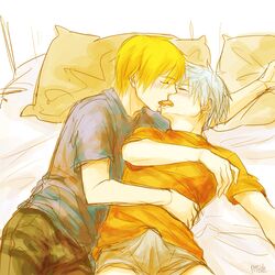 2boys blue_hair blush clothed_erection gay hug kise_ryouta kissing kuroko_no_basuke kuroko_tetsuya male multiple_boys yaoi