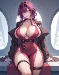 1girls ai_generated dress elegant_dress gloves honkai_(series) huge_breasts jacket kafka_(honkai:_star_rail) legwear light_blush looking_at_viewer magenta_hair purple_hair shades sideboob slim_waist thick_thighs thighs thong violet_hair