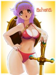 1girls athena_(series) big_breasts bikini breasts brown_eyes busty cleavage hand_on_hip highres large_breasts legs long_hair navel open_mouth pink_lips pose posing princess_athena purple_hair red_bikini sensual shield snk solo swimsuit sword thighs weapon